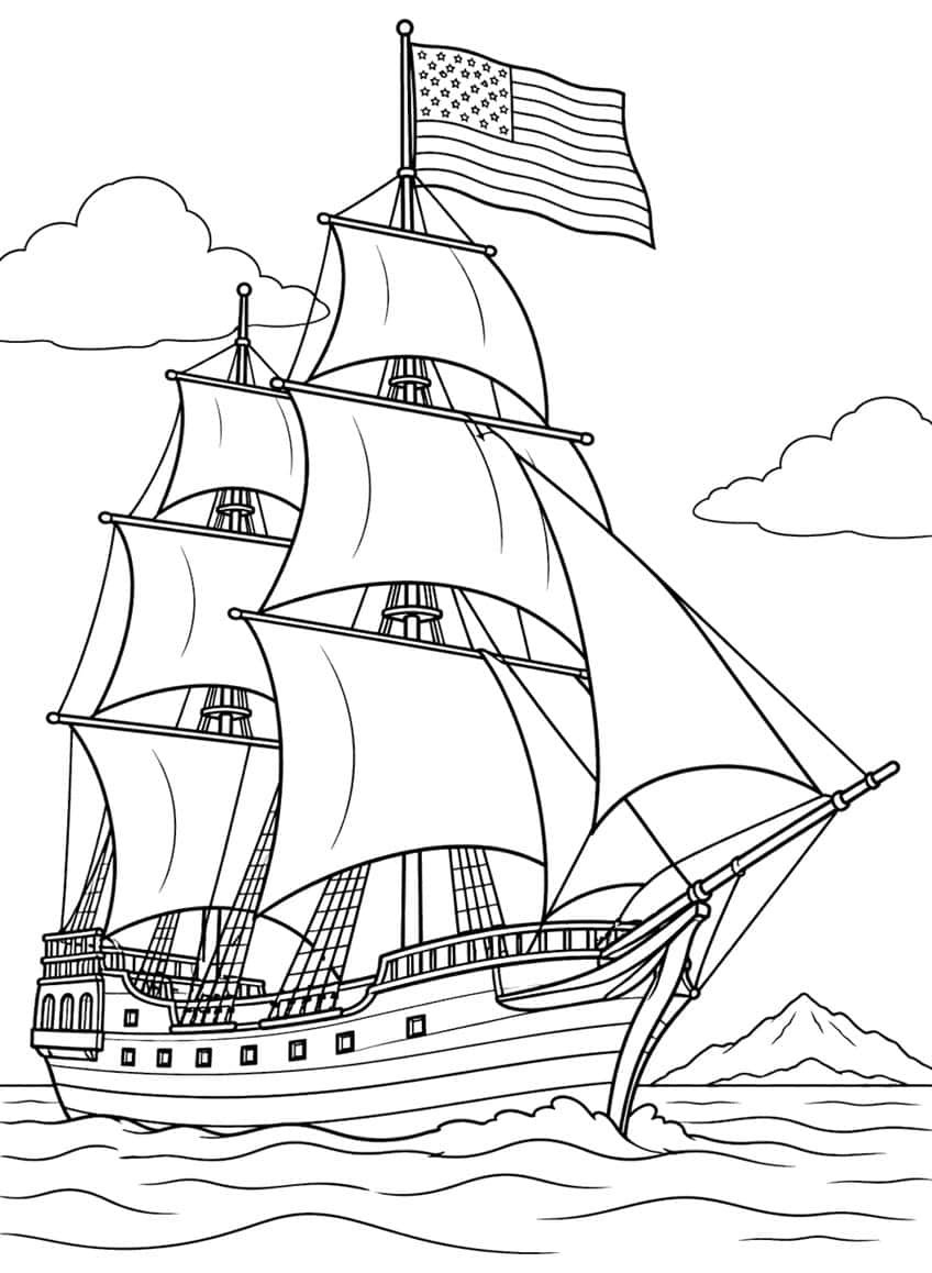 Tall sailing ship with billowing sails and a flag on the mast, waves, clouds and a distant mountain