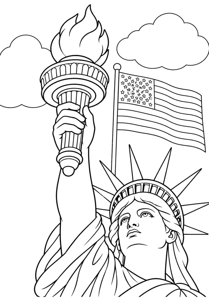 Statue of Liberty from below with raised torch, spiked crown, waving American flag on a pole and two clouds