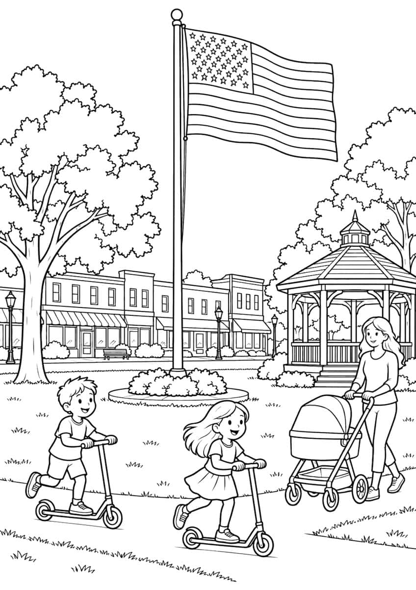 Two kids on scooters, a woman with a stroller, a gazebo and a flagpole with an American flag on a town green