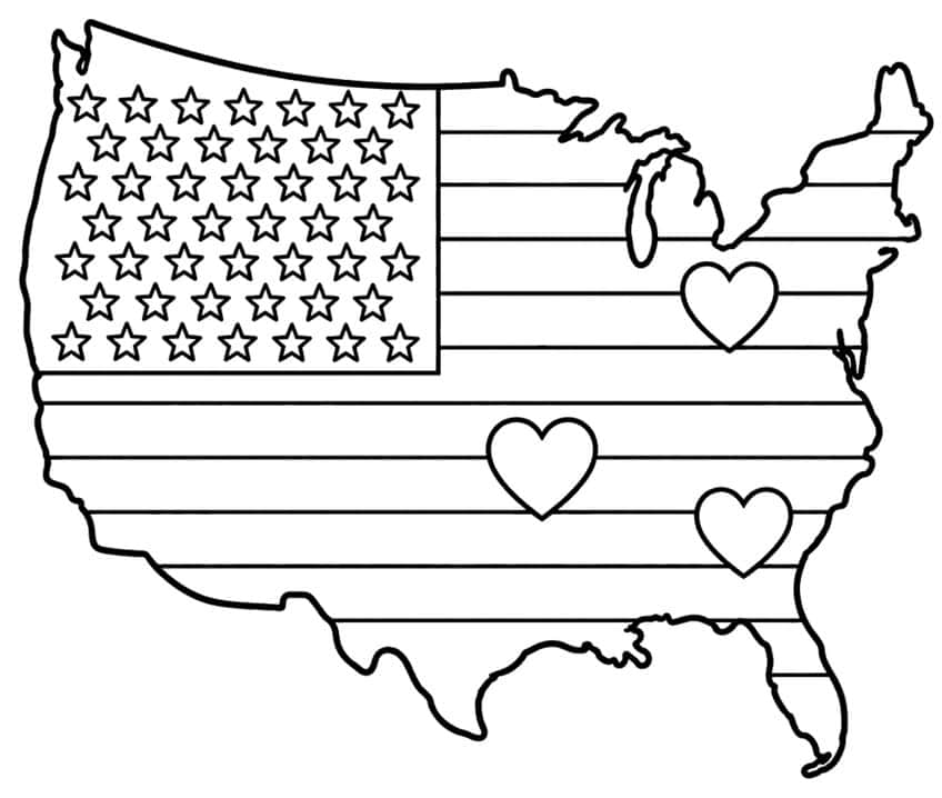 United States map outline filled with flag stars and stripes and three hearts