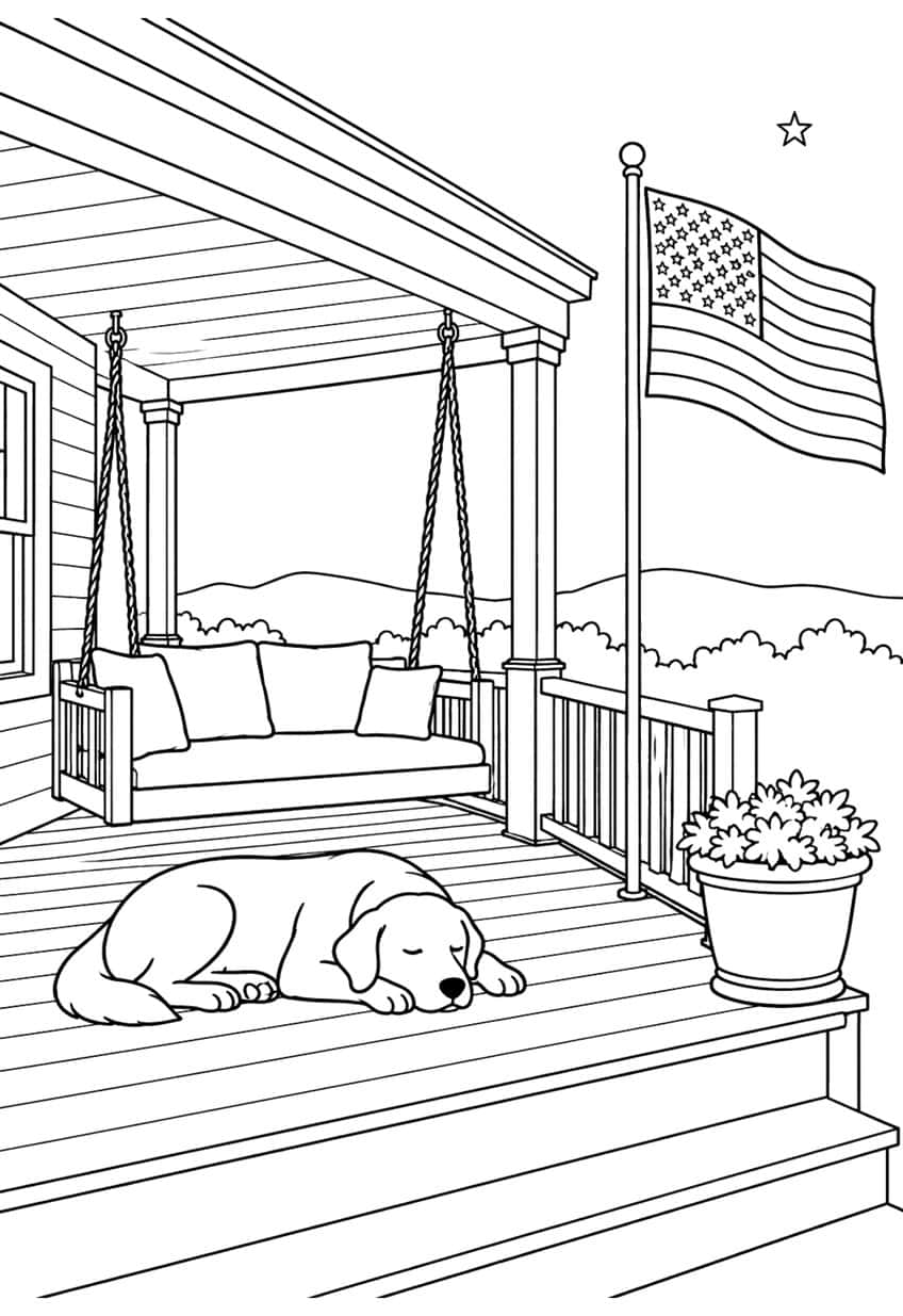 Dog asleep on a porch beside a rope swing, flagpole with American flag, flowerpot and hills
