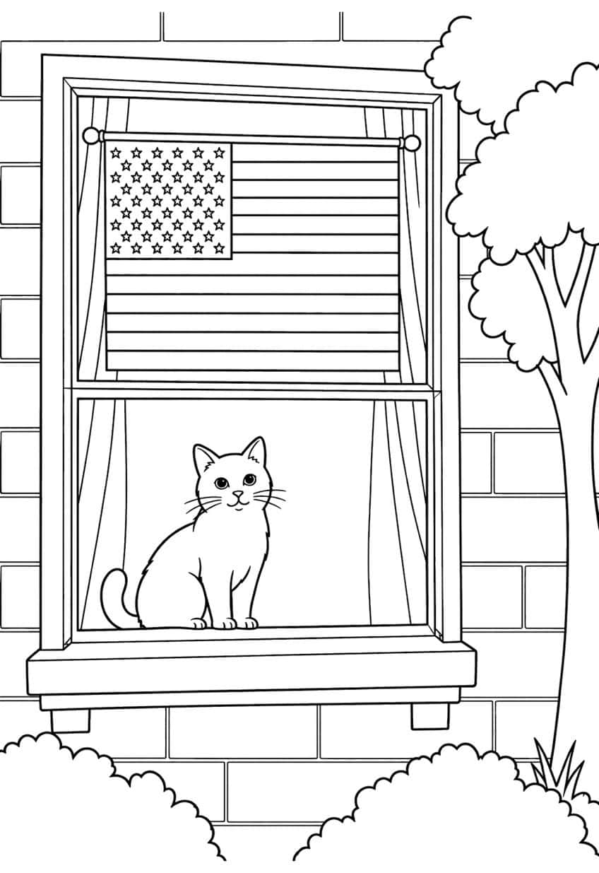 Cat sitting in a brick house window under a hanging American flag, with curtains, a tree and bushes