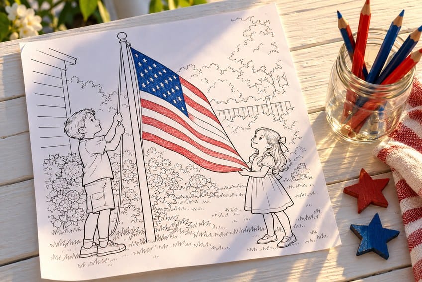 american flag coloring page partly colored in with pencils