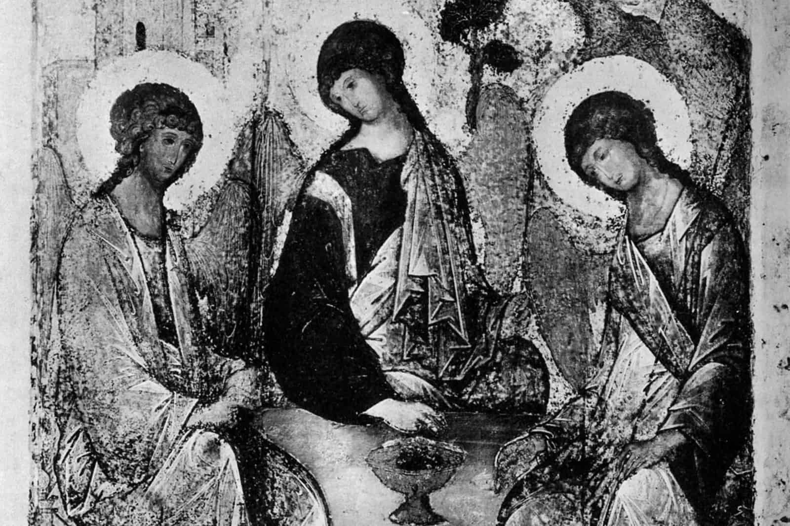 A 1904 black-and-white photograph shows Andrei Rublev’s Trinity after cleaning and before its first restoration.