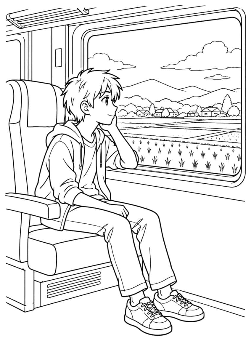 Line drawing of an anime boy on a train seat looking out at rice fields and mountains