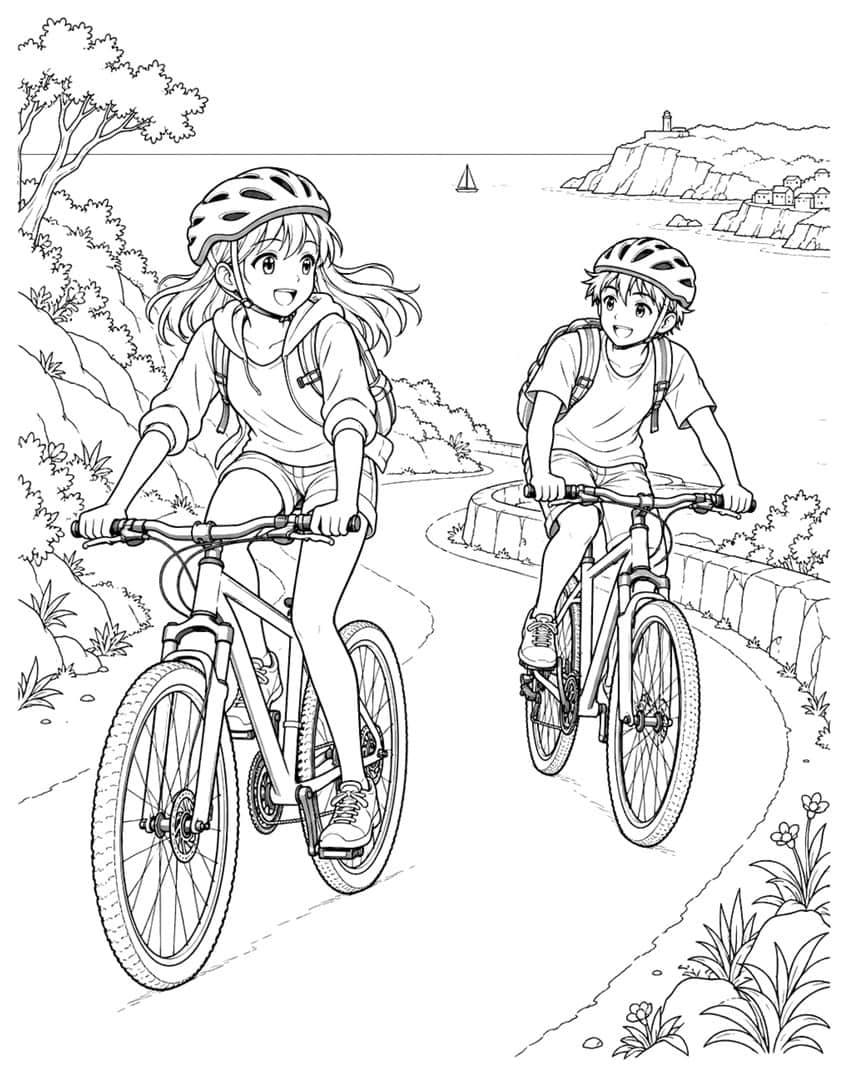 Anime girl and boy cycling on a coastal path with sea and lighthouse behind