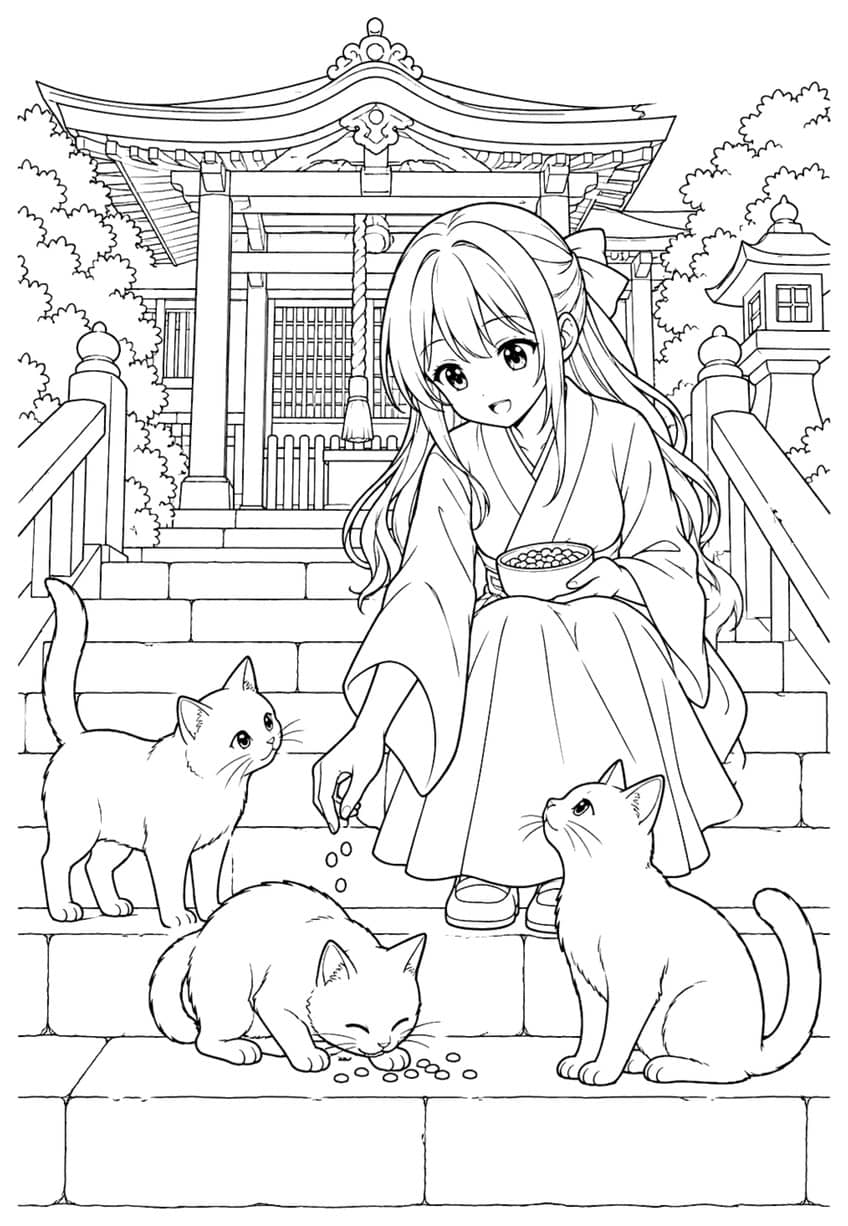 Anime girl in a kimono feeding three cats on shrine steps, outline drawing