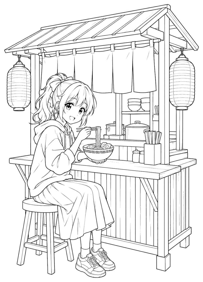 Anime girl with ponytail eating ramen with chopsticks at a wooden street stall with lanterns