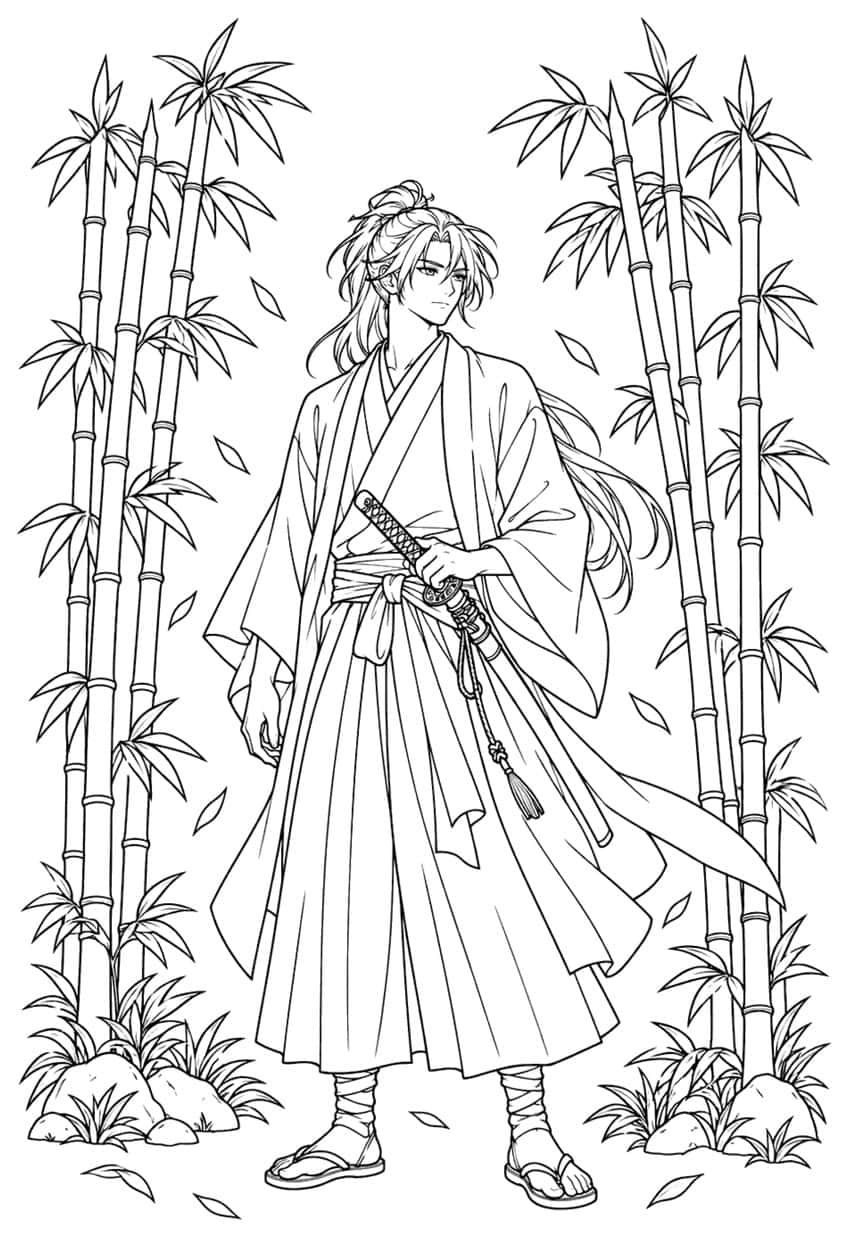 Line drawing of an anime swordsman in a kimono standing among bamboo stalks