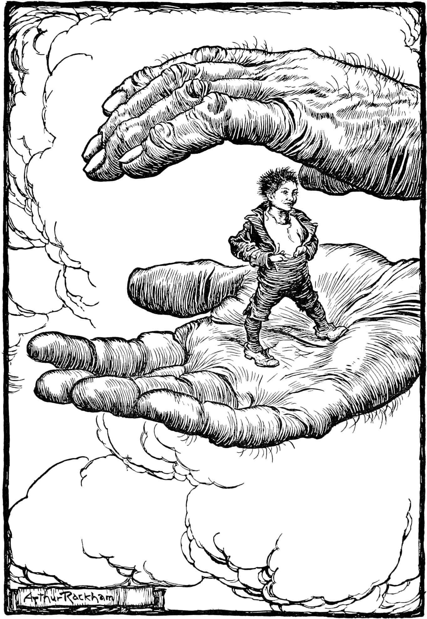 A giant hand fills Rackham's line illustration for the Grimm tale Tom Thumb.