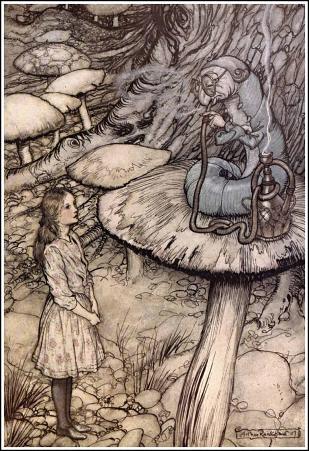 Alice in Wonderland by Arthur Rackham - 05 - Advice from a Caterpillar. Alice's Adventures in Wonderland - Advice from a Caterpillar.