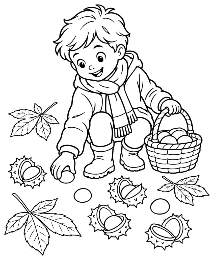 Coloring page of a child gathering chestnuts into a basket among autumn leaves