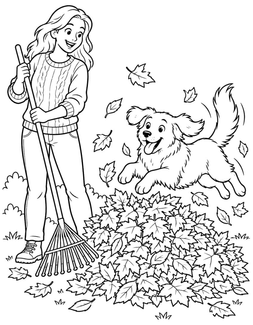 Coloring page of a girl raking leaves and a dog jumping into the leaf pile