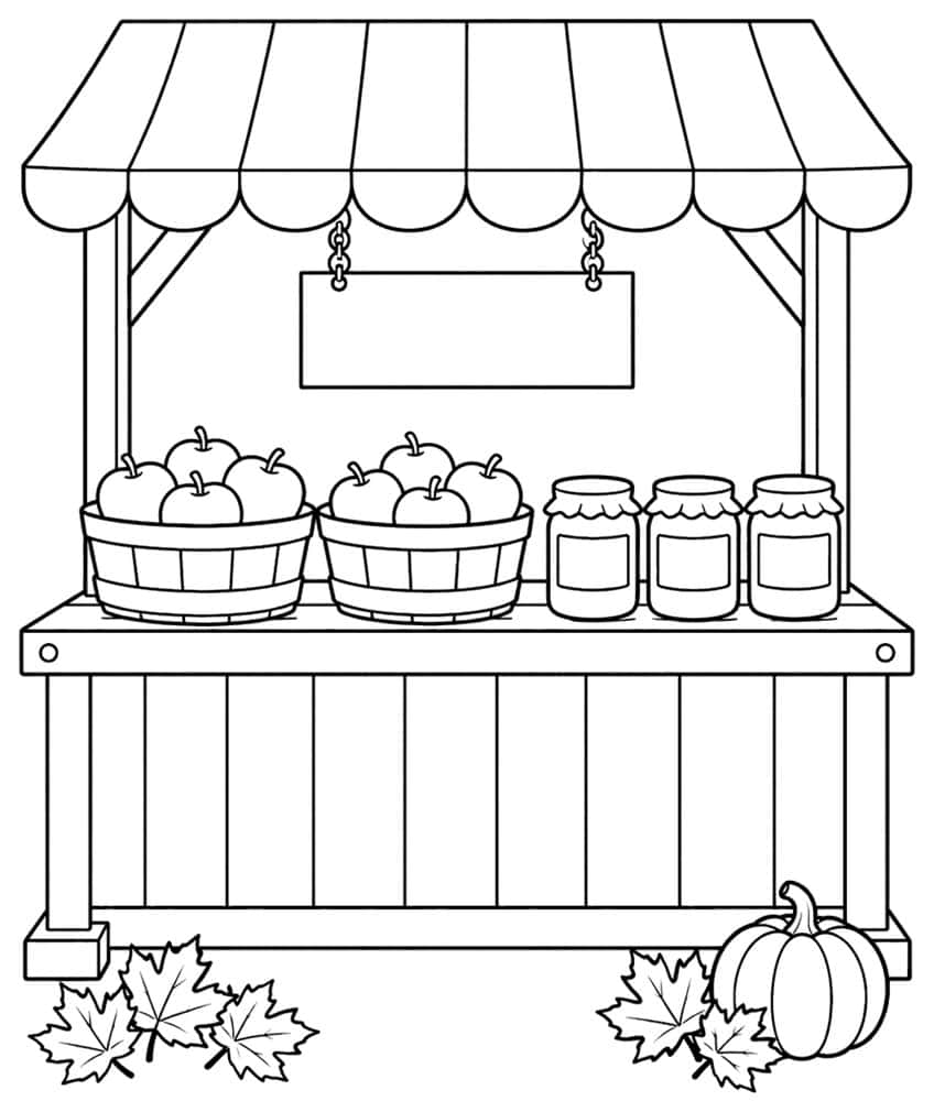 Coloring page of a farm stand with apple baskets, jars, pumpkin and leaves