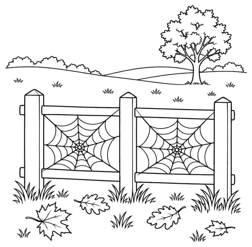Coloring page of a wooden fence with spider webs, leaves and a tree