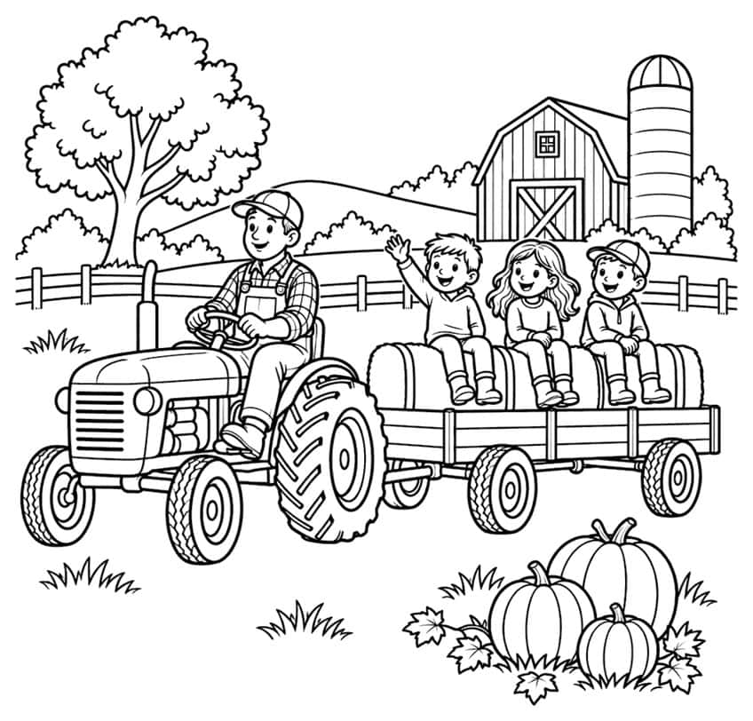 Coloring page with tractor, hay wagon, three children, barn and pumpkins