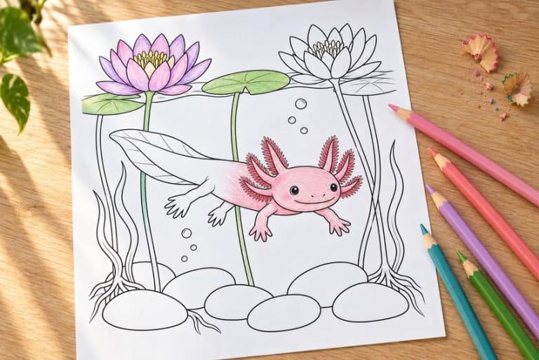 axolotl coloring page partly colored in with pencils on a desk