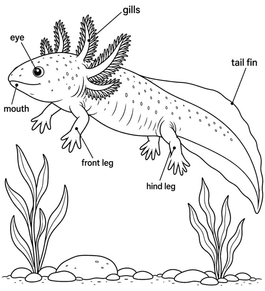 labelled axolotl anatomy coloring page with gills, eye, mouth, legs and tail fin