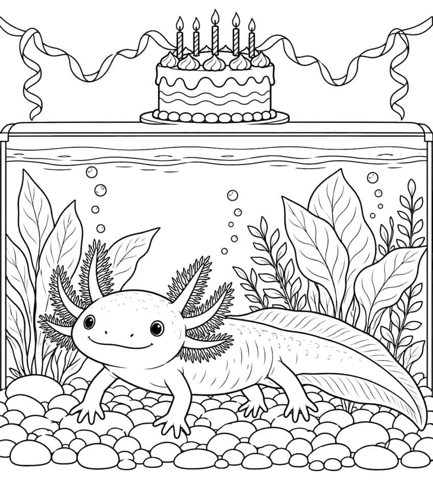 axolotl coloring page with a birthday cake on top of an aquarium