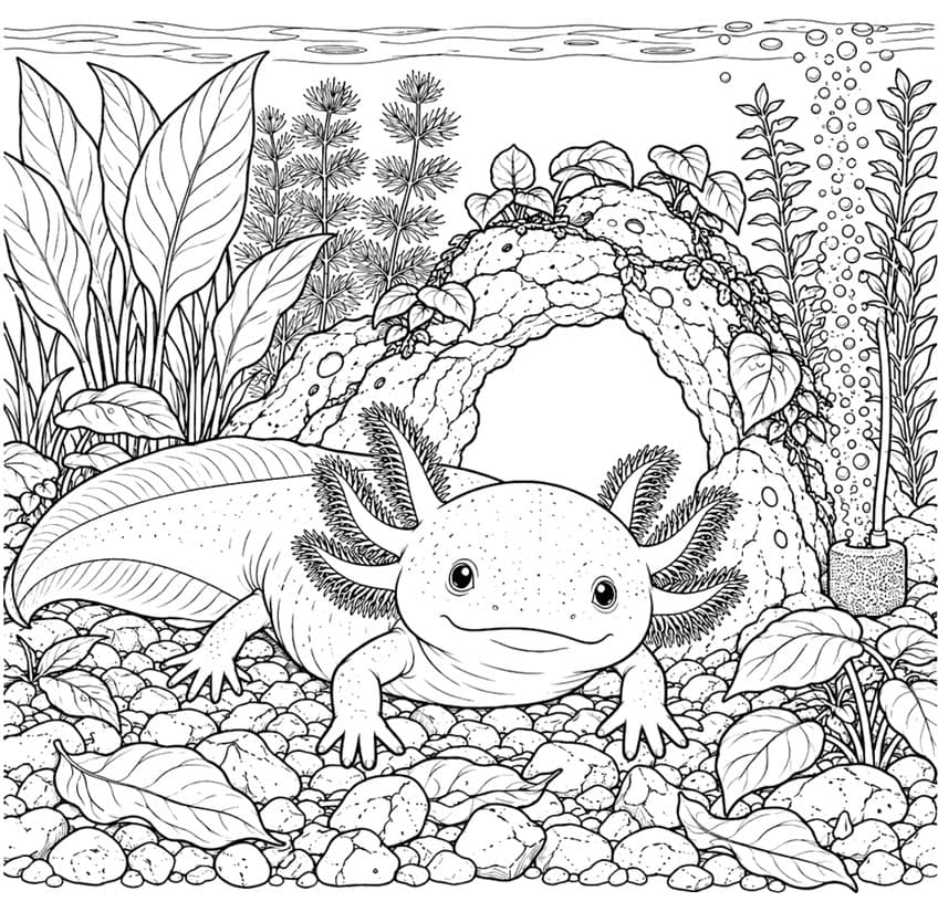 axolotl coloring page with an axolotl in a planted aquarium