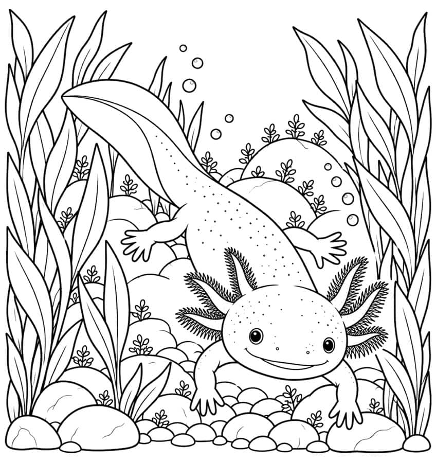 axolotl coloring page with an axolotl swimming between tall aquatic plants