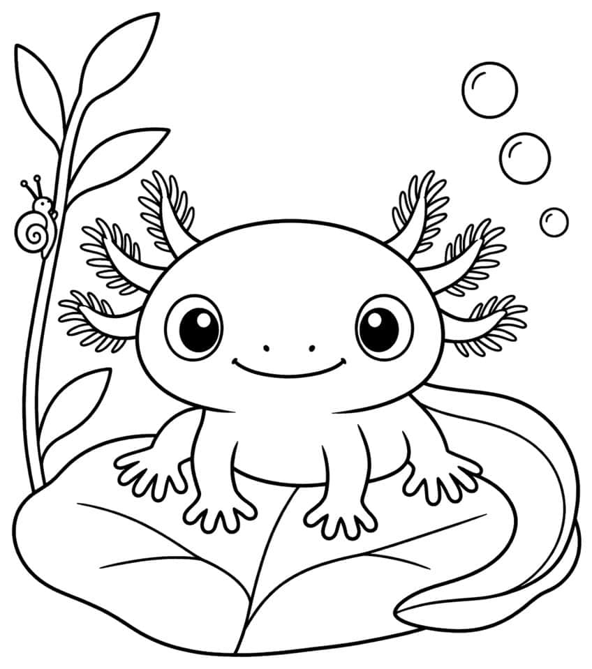 axolotl coloring page with a baby axolotl sitting on a large leaf