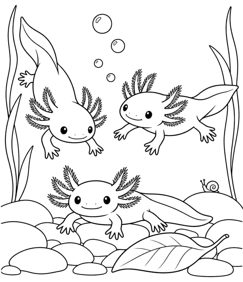 axolotl coloring page with three baby axolotls in different poses