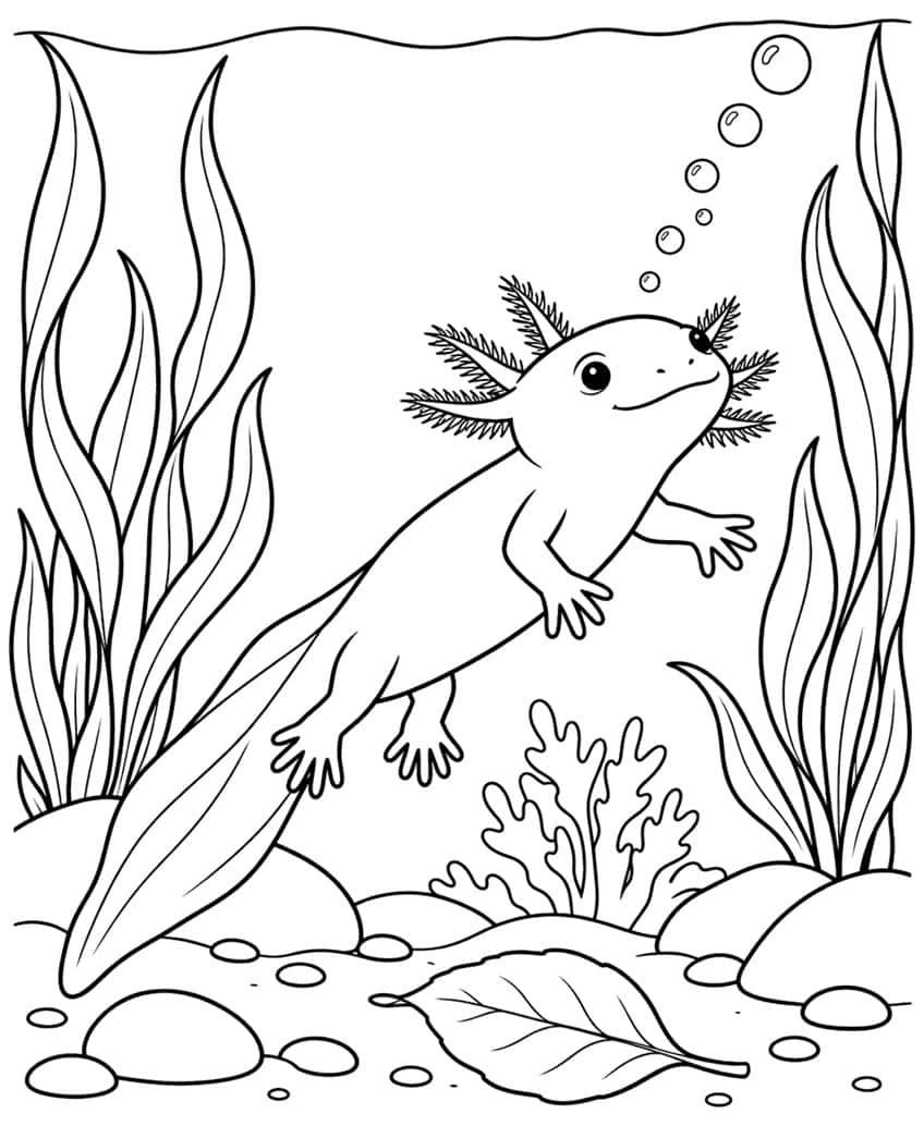 axolotl coloring page with an axolotl swimming upward through rising bubbles