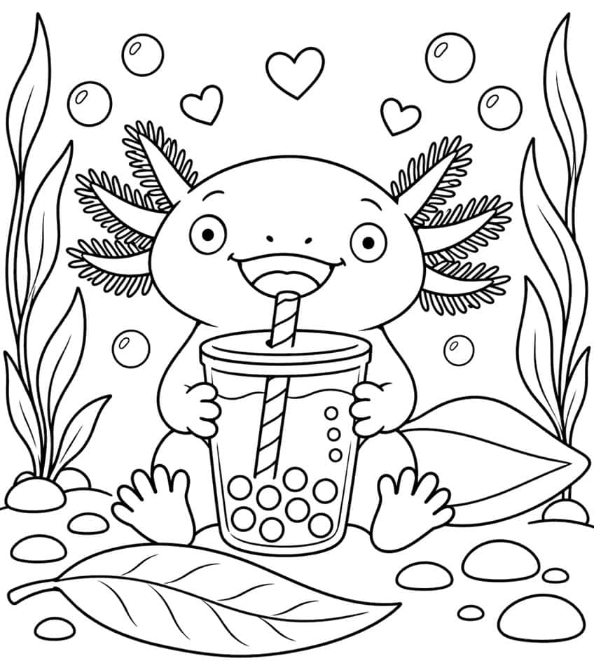 kawaii axolotl coloring page with an axolotl holding a bubble tea cup