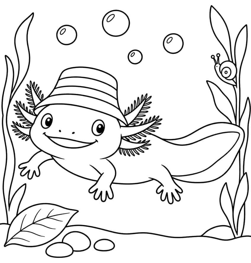 kawaii axolotl coloring page with an axolotl wearing a bucket hat