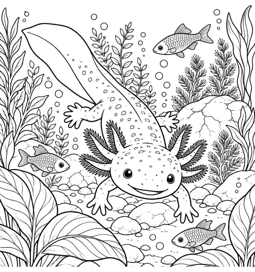 axolotl coloring page with an axolotl and small fish among water plants