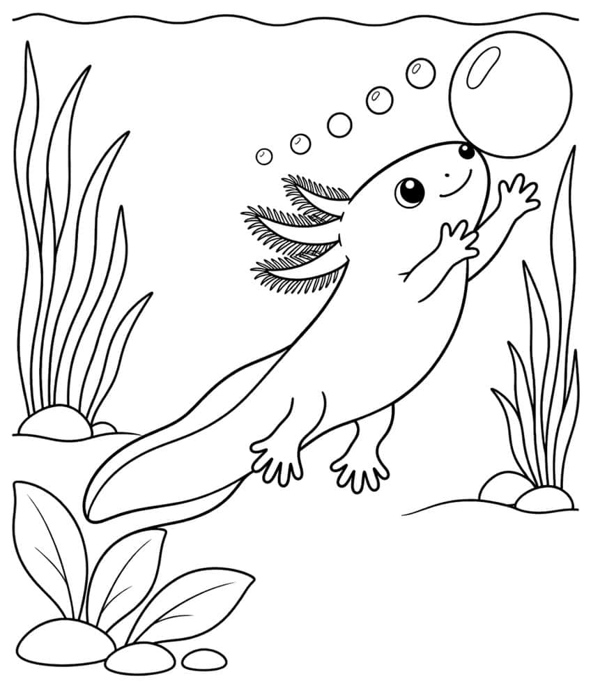axolotl coloring page with a baby axolotl chasing a large bubble