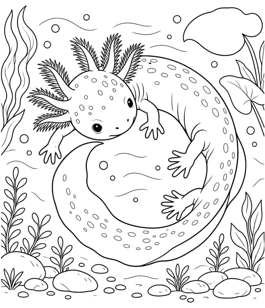 axolotl coloring page with an axolotl curled into a circle