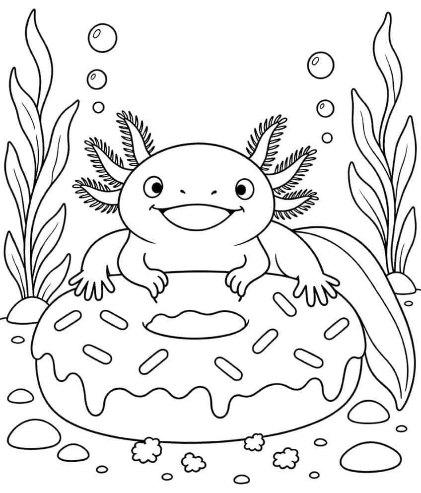 kawaii axolotl coloring page with an axolotl sitting on a frosted donut