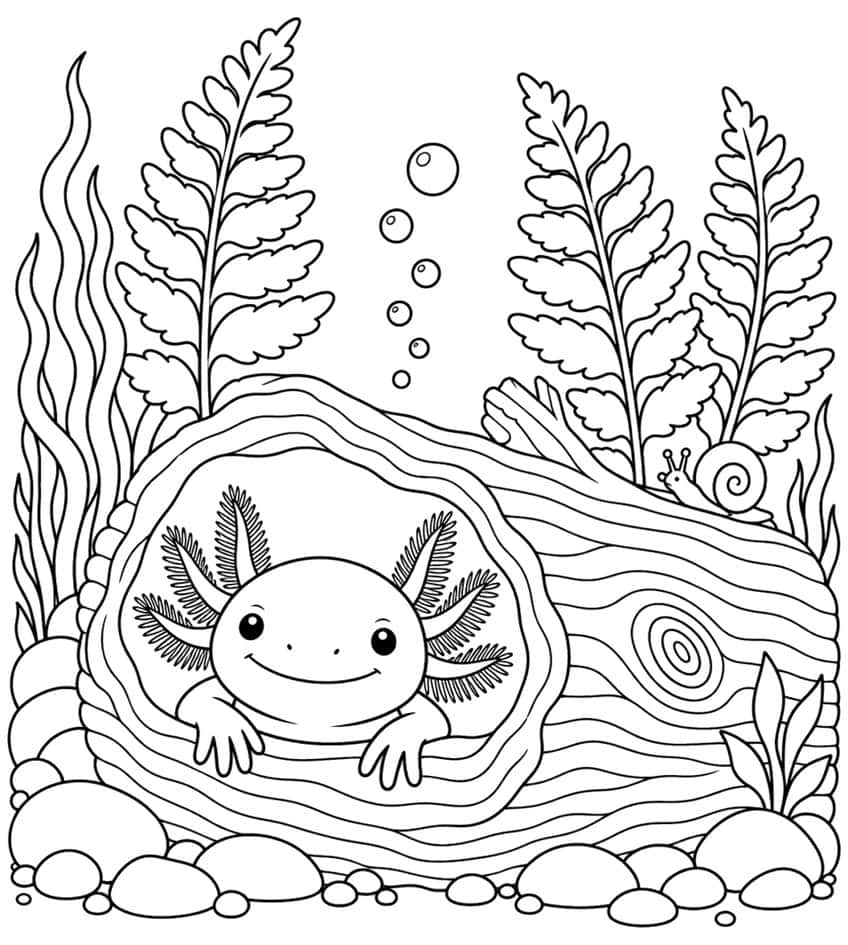 axolotl coloring page with an axolotl peeking out of a hollow driftwood log