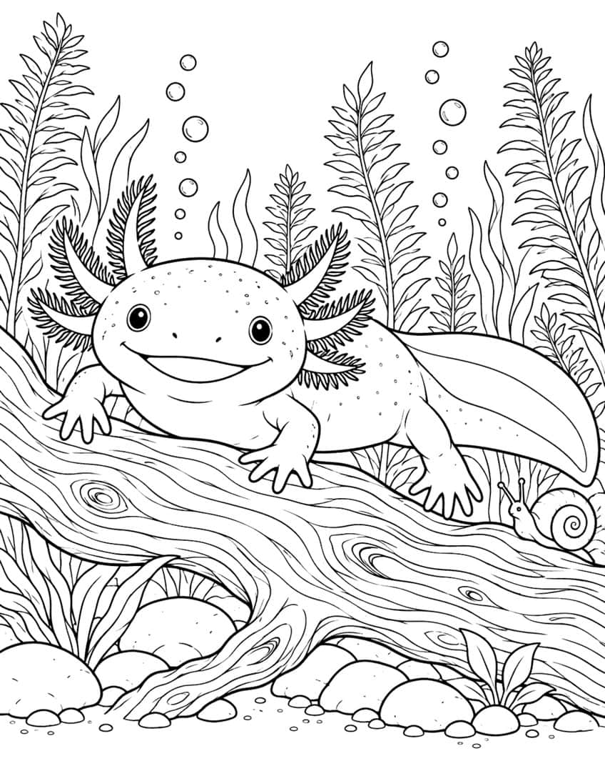 axolotl coloring page with an axolotl resting beside a driftwood branch