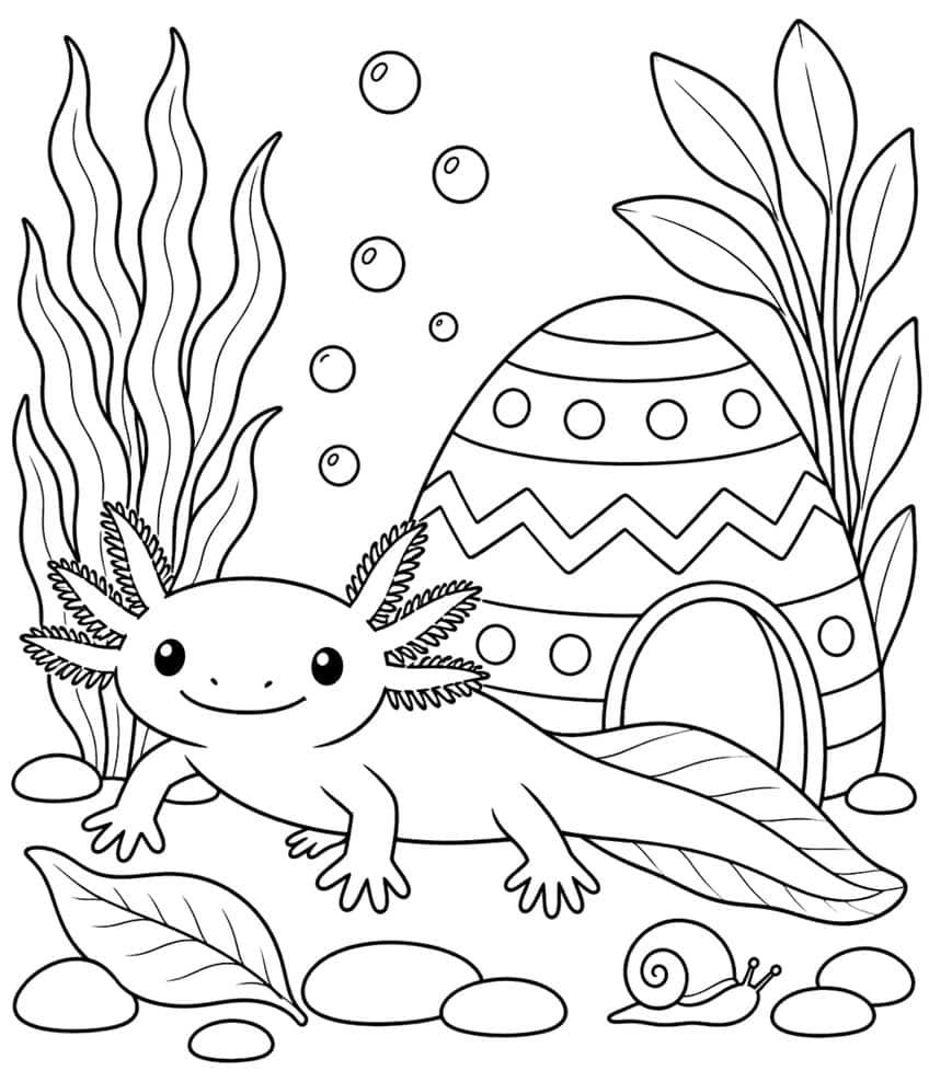 axolotl coloring page with an axolotl beside a large decorated egg