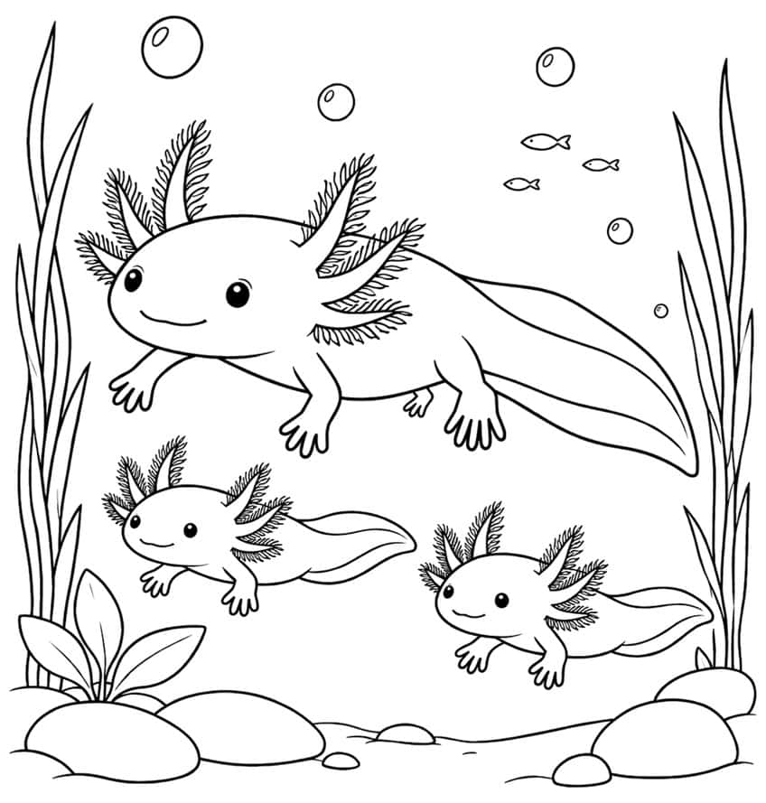 axolotl coloring page with an adult axolotl and two babies swimming together