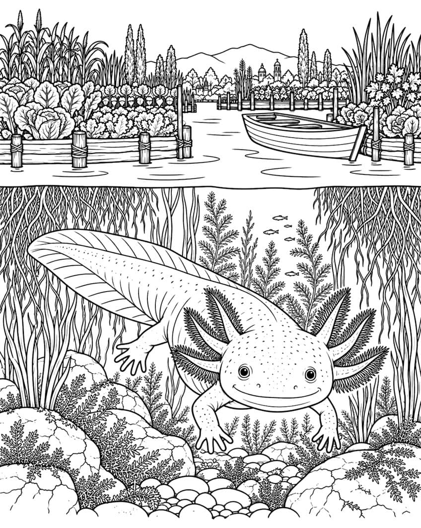 axolotl coloring page showing an axolotl below the floating gardens of Mexico
