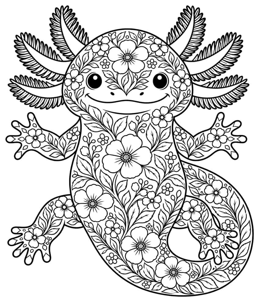 axolotl coloring page with the silhouette filled with flowers and leaves