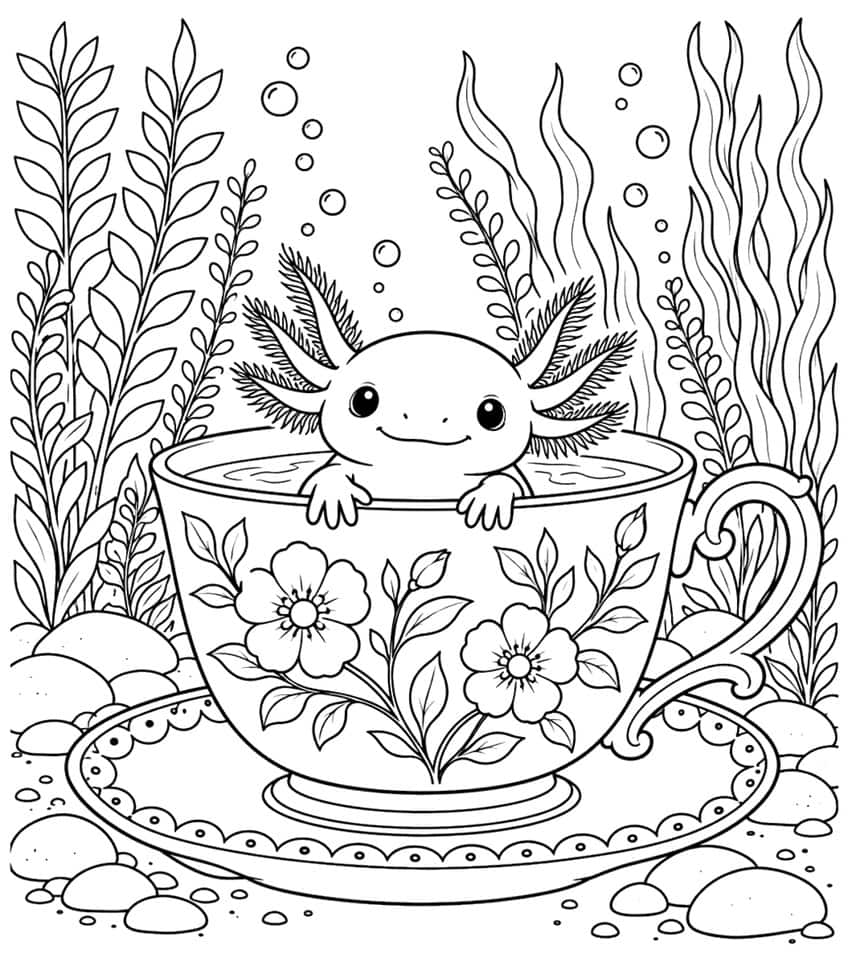 axolotl coloring page with a tiny axolotl sitting in a floral teacup