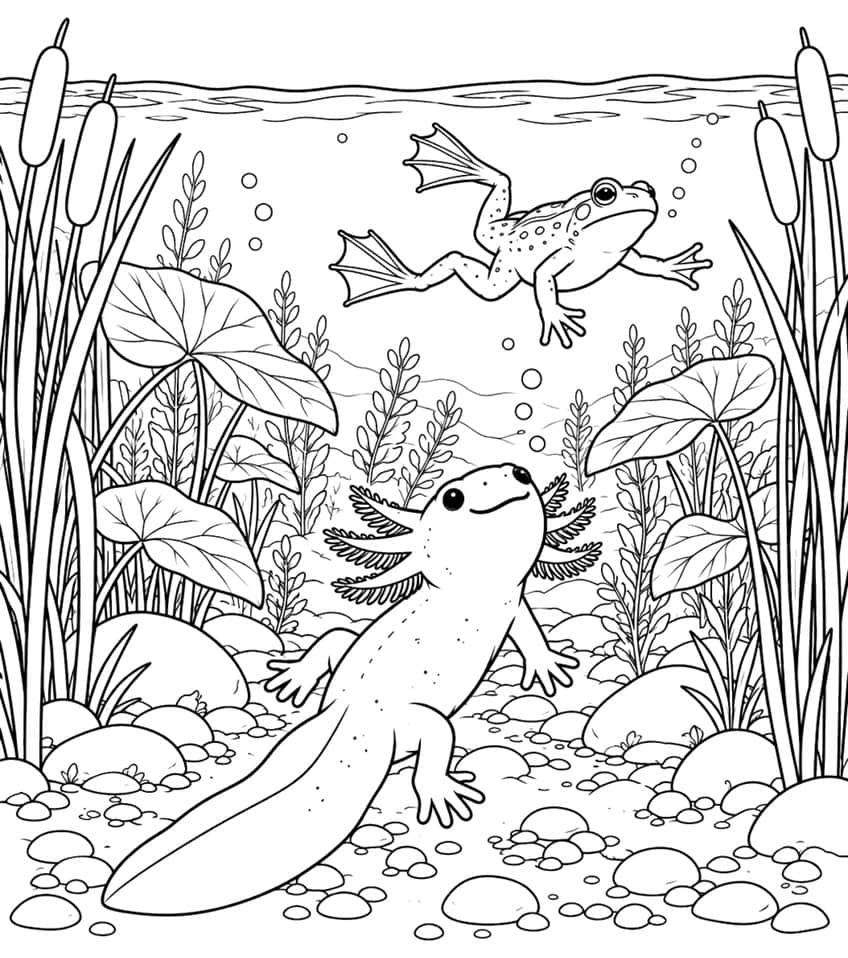 axolotl coloring page with an axolotl on the lake bed and a frog swimming above