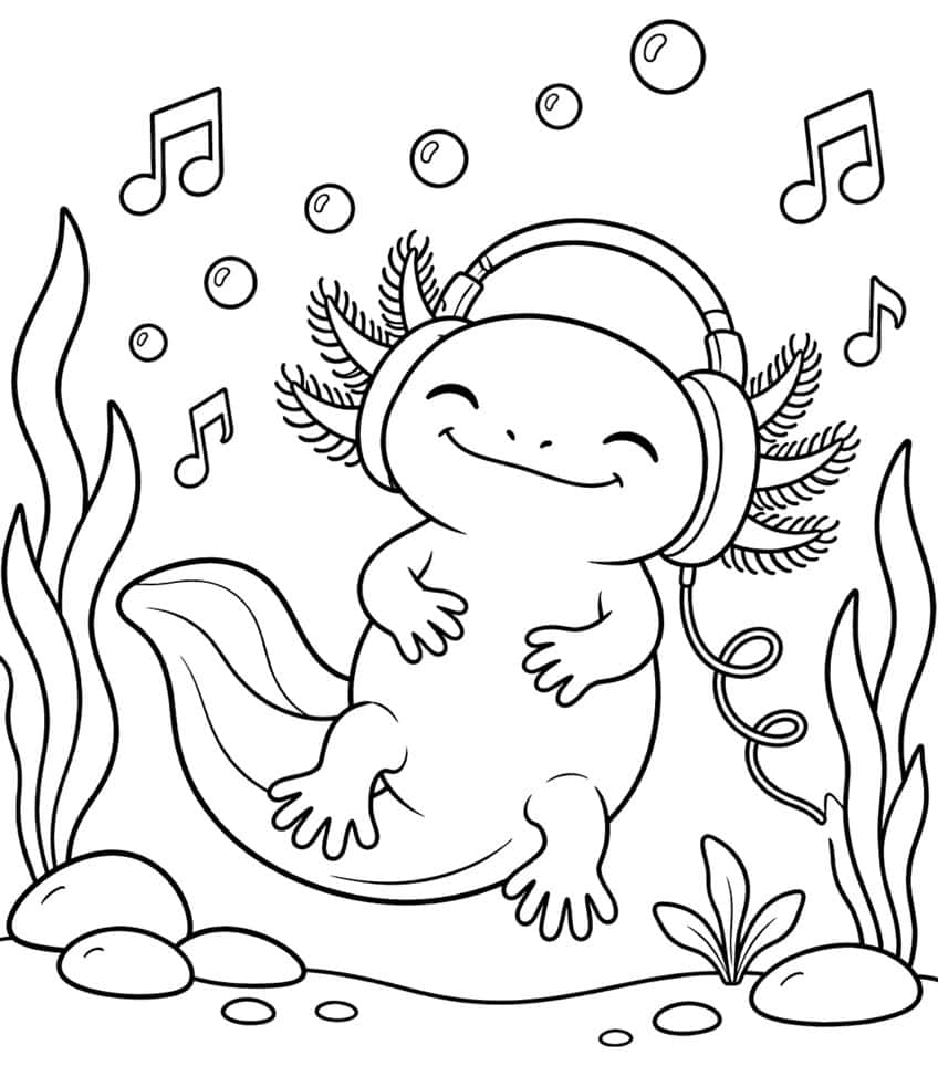 kawaii axolotl coloring page with an axolotl wearing oversized headphones
