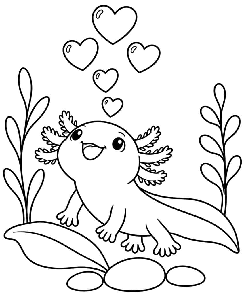 axolotl coloring page with hearts rising like bubbles