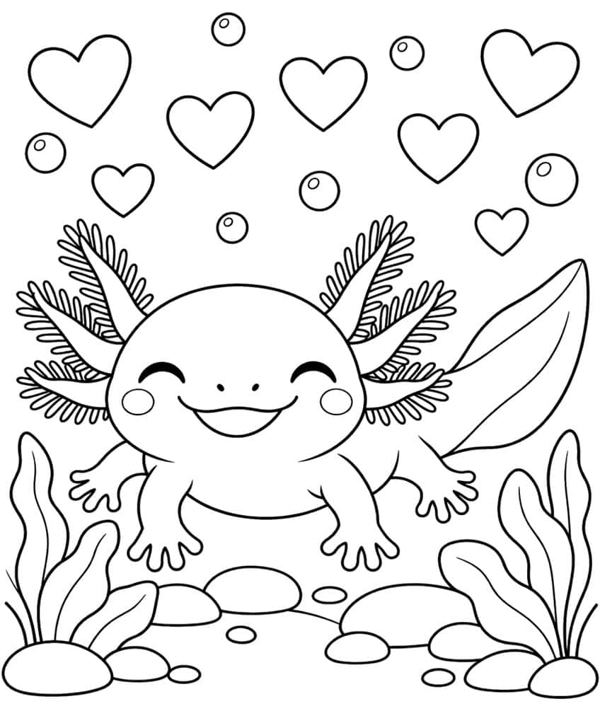 kawaii axolotl coloring page with hearts and bubbles floating around