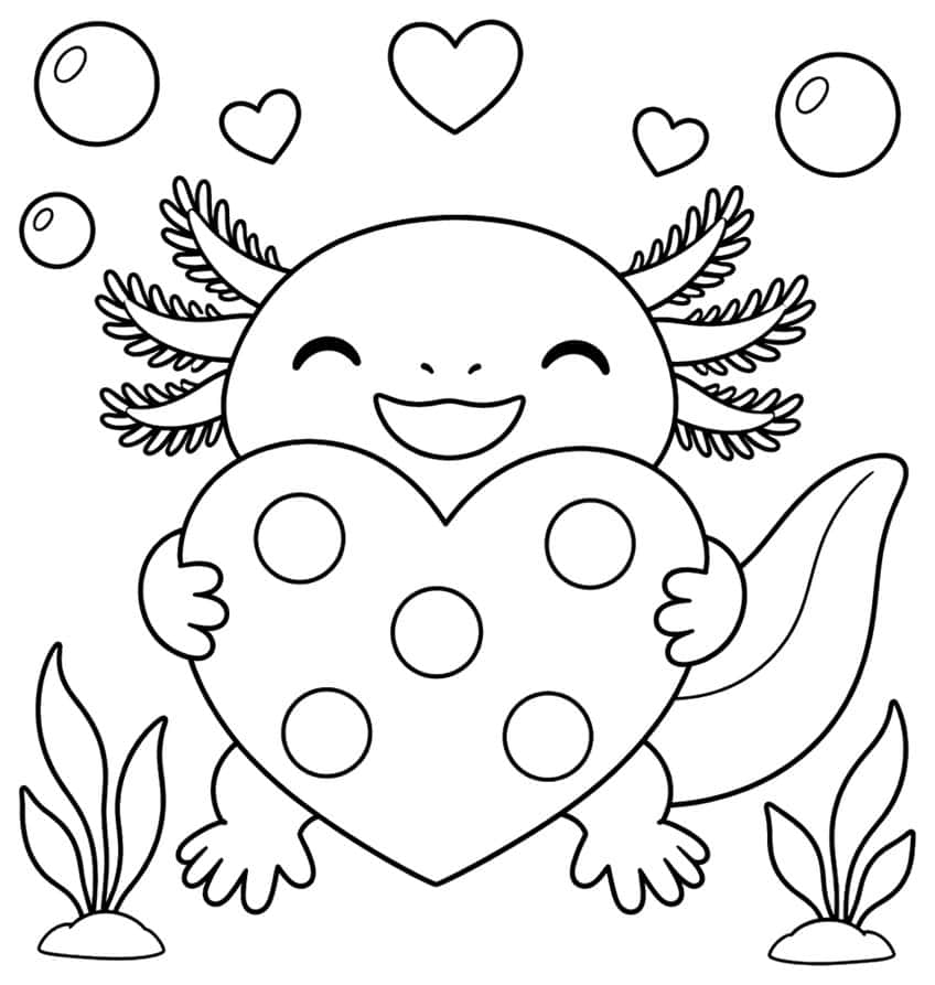 kawaii axolotl coloring page with an axolotl hugging a large dotted heart
