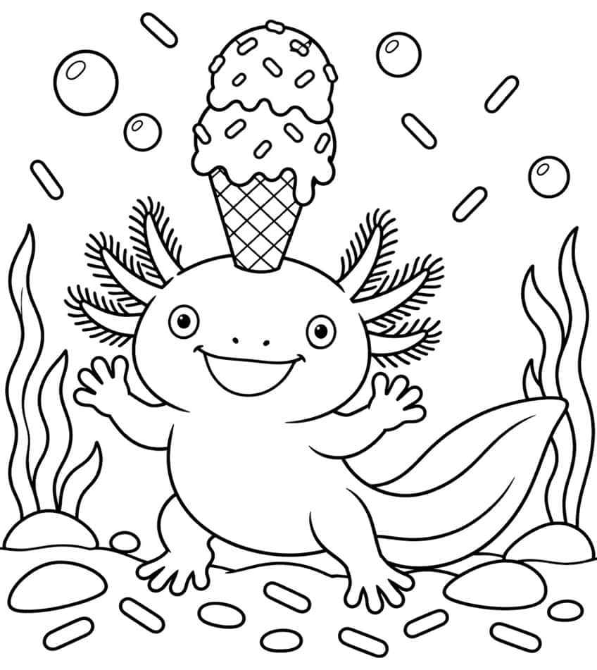 kawaii axolotl coloring page with an axolotl balancing an ice cream cone