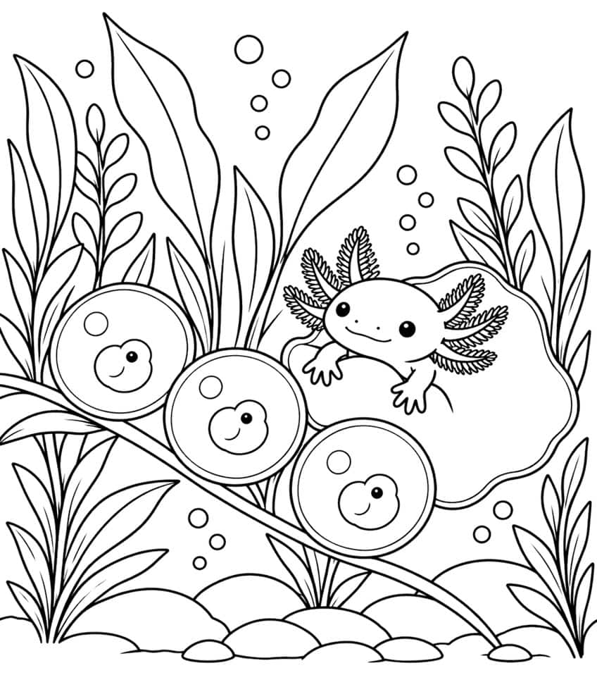 axolotl coloring page showing a baby axolotl hatching from soft jelly eggs