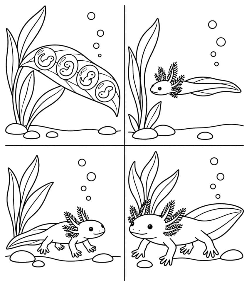 axolotl life cycle coloring page in four panels from egg to adult