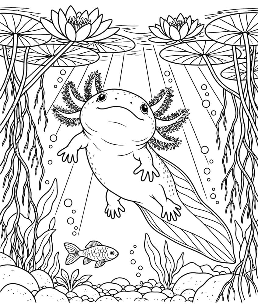 axolotl coloring page with an axolotl seen from below beneath lily pads